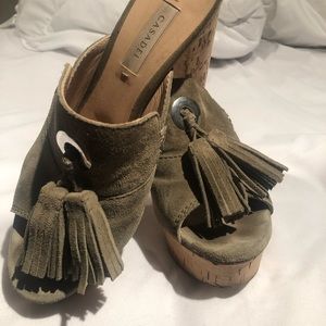 Casadei Green Tassel Sued & Cork Platform Sandal